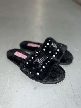 Juicy Couture Gyanna 2 Black Faux Fur Pearl and Rhinestone Slippers